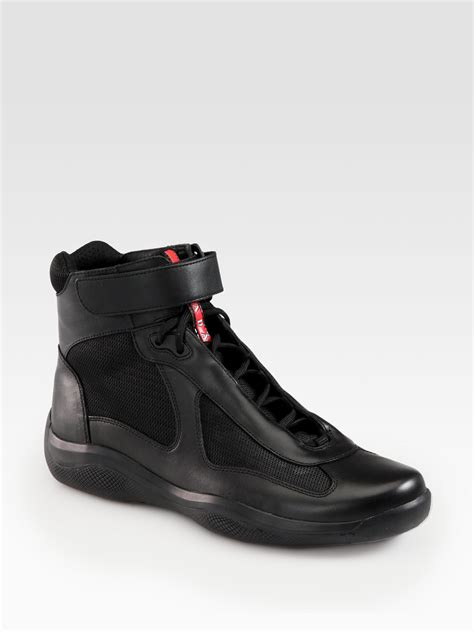 prada men's black leather high top sneakers shoes 9|prada men's slip on sneakers.